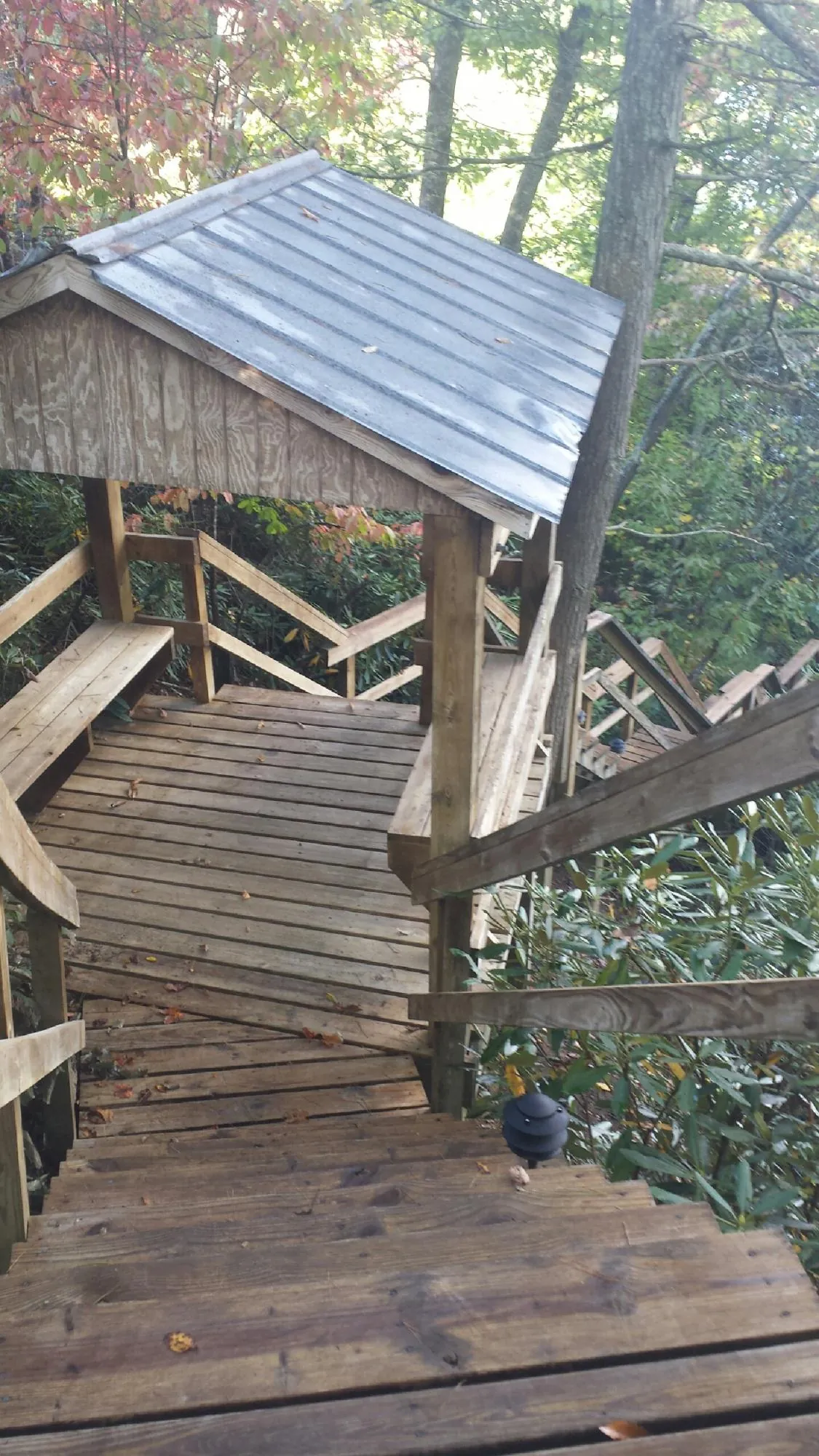 Metal roofed shelter over wooden steps on a wooded walkway — Skylight Repair & Installation work by our crew in Bethel